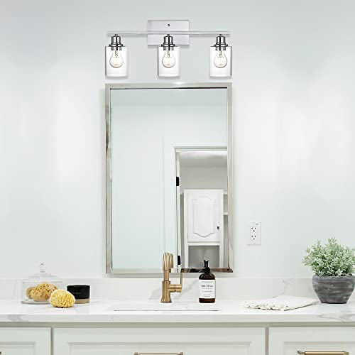3 Light Wall Light Fixture with Clear Glass Shade Classic Bathroom Vanity Lighting Fixture in Chrome Finish Metal Wall Mounted Lamp for Powder Room Hallway (3 Count)