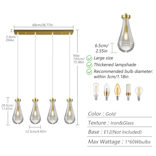 Raindrop Pendant Lights Kitchen Island Teardrop Gold Hanging Light Fixtures Clear Solid Glass Pendant Light Modern Chandeliers for Dining Room Porch Corridor Living Room