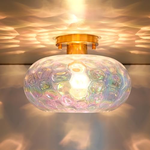 Brass Gold Semi Flush Mount Ceiling Fixture 11" Hammered Glass Shade Modern Close to Ceiling Lighting 1