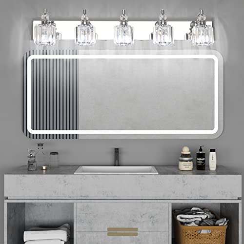 Modern Crystal Vanity Lights 5 Light 40" Modern Crystal Bathroom Lights Fixtures Over Mirror Stainless Steel Chrome Vanity Light for Bathroom Wall Lights Fixtures