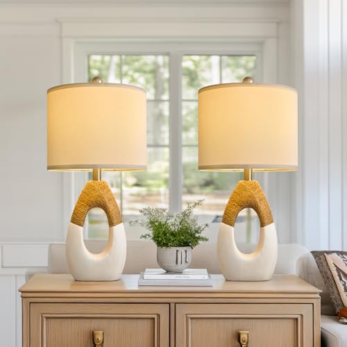 22” Boho Table Lamps for Bedroom Living Room Upgraded Set of 2 Medium Farmhouse Rattan Table Lamps (2 Count)