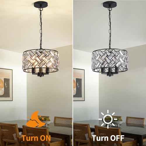 lobolighting Black Crystal Chandelier, 11'' Modern Chandelier, 3-LightSemi Flush Mount Ceiling Light Fixture for Dining Room Foyer Hallway
