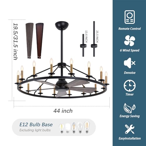 44" Black+Gold Wagon Wheel Chandelier with Fans