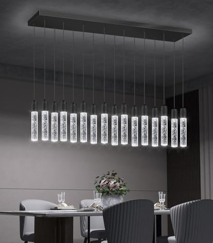 16 Lights Modern Crystal Rectangular Chandeliers LED Pendant Light for Kitchen Island High Ceiling Chandelier for Dining Room Entrance Foyer Living Room Black