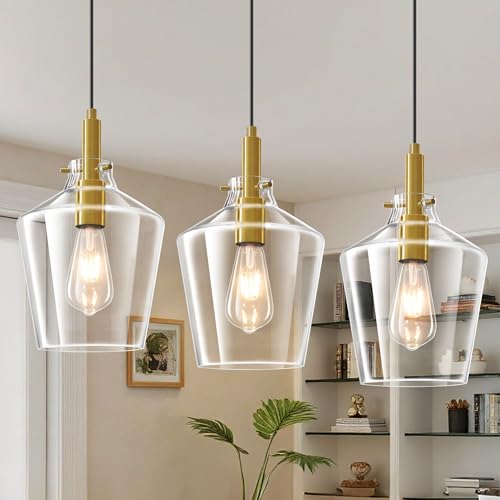 Glass Pendant Lighting for Kitchen Island Entryway 3 Pack Gold Clear 8 Inch (3 Count)