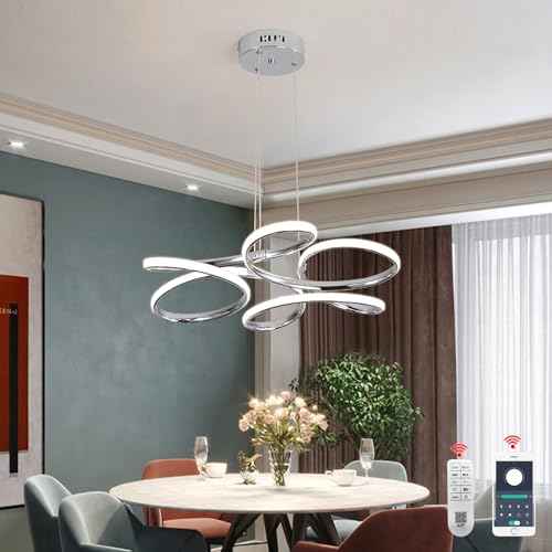 23 inch Modern Chandelier for Dining Room, Kitchen Chandelier & Entryway, Dimmable LED Pendant Light with Adjustable Height, 32W for Hallway, Living Room, Bedroom (Chrome M)