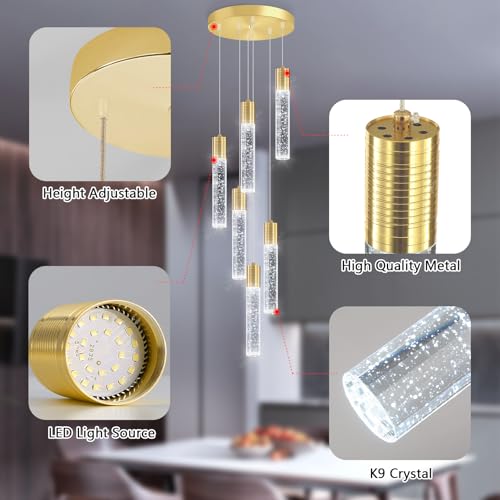 6 Lights Modern Crystal Chandeliers for Dining Room Kitchen Island Crystal Pendants Light Fixture High Ceiling Hanging for Entryway Bedroom Foyer 6000K