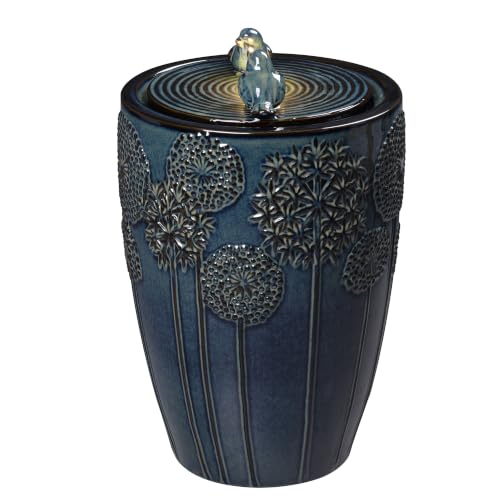 Blue Ceramic Bird & Dandelion Fountain