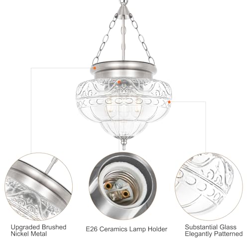 3 Light Brushed Nickel Pendant Light Fixtures with 12In Unique Thickened Glass