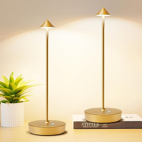 Set of 2 Cordless Rechargeable Led Table Lamp Battery Operated Light Gold