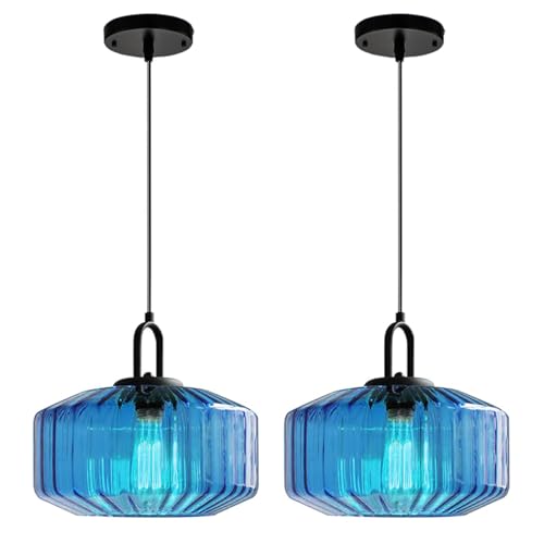 Large Modern Pendant Light Fixtures Dining Room Vintage Glass Ceiling Pendant Lighting Kitchen Sink Blue Hand Blown Glass Shade Black Finish Adjustable Cord Hanging Pendant Light