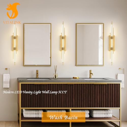 Gold LED Vanity Light 31IN Modern LED Bar Wall Light Over Vanity Mirror Hardwired Picture Light Dimmable Bathroom Wall Mount Lighting 5CCT