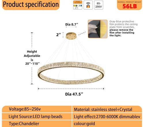 Modern Large Gold Ring Chandelier Dimmable LED 47.5in Adjustable Gold Crystal Ring Pendant Light Fixtures for Dining Room Living Room
