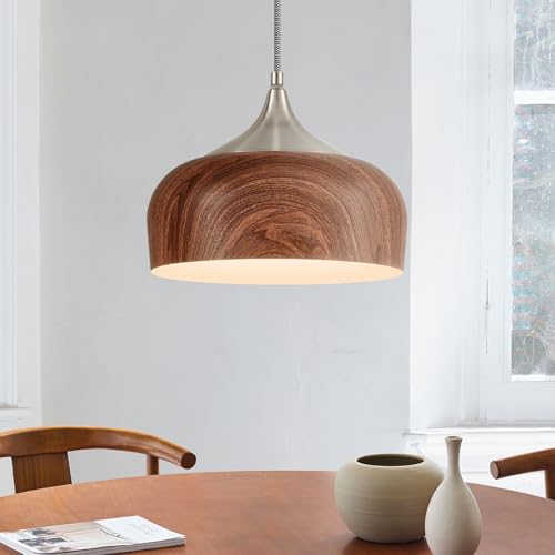 Bauhaus Pendant Light Wooden Pattern Dome Pendant Light Fixture Brushed Nickel Metal Modern Adjustable Hanging Lighting for Kitchen Island Dining Room Office Hallway Foyer Bedroom