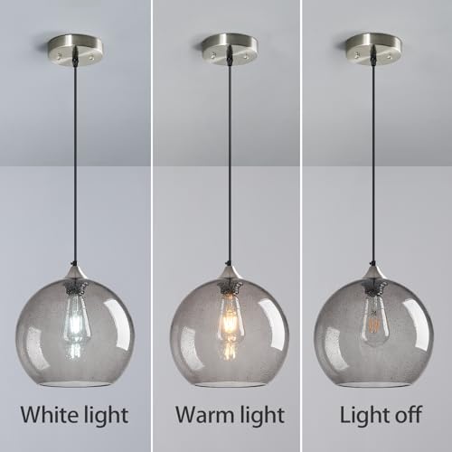 Light Grey Glass Pendant Lights Kitchen Island Globe Pendant Light Fixtures Modern Pendant Lighting for Bedroom Living Dining Room Light Fixture