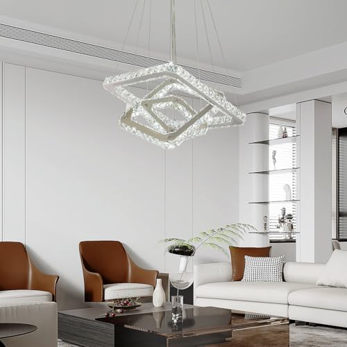 Modern Crystal Chandelier LED Ceiling Light, Square 3-Ring Height Adjustable 47W K9 Crystal Pendant for Dining Room, Living Room, Bedroom, Foyer, Cool White 6000K