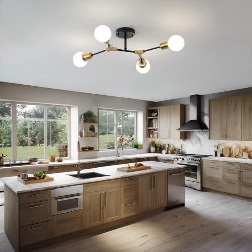 Modern Gold and Black Sputnik Semi Flush Mount Ceiling Light Fixture