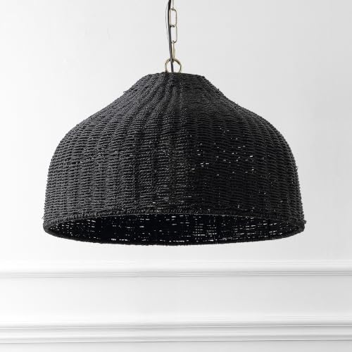 Eliza 20" Bohemian Black & Brass Gold Woven Rattan Dome Pendant