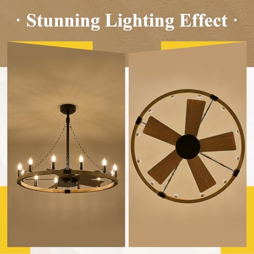Natural Wooden Wagon Wheel Chandelier Fans 12
