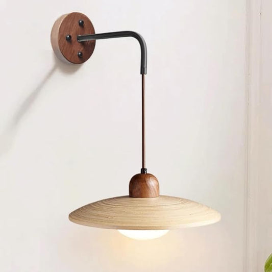 Retro Wood Wall Sconce Wabi Sabi Bamboo Wall Light Japanese Style Walnut Wood Hanging Wire Wall Lamp with Globe Milk White Glass Shade, Medieval Boho Art Lighting Fixture for Bedroom