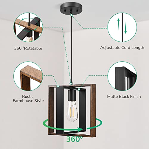 Farmhouse Pendant Light Wood Grain Finish Black Adjustable