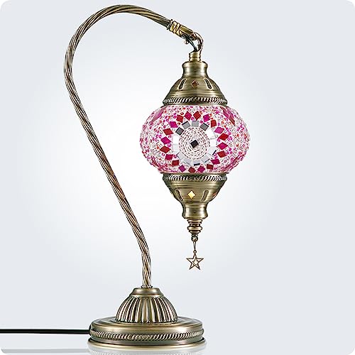 Turkish Moroccan Lamp with Bronze Base 3 Color Options Handmade Swan Neck Mosaic Glass Bedside Lamps for Bedroom