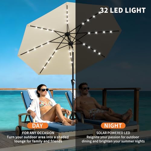 9FT Solar Patio Umbrella with 32 LED Lights