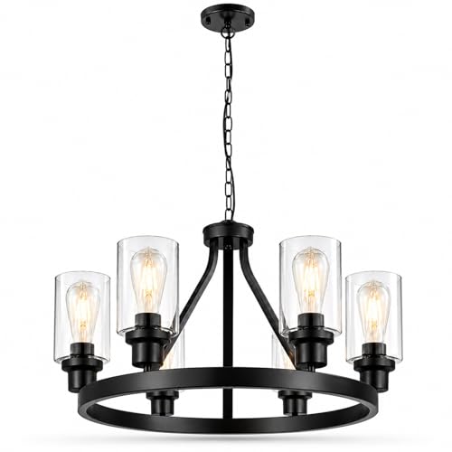 6 Light Farmhouse Chandelier Light Fixture Dining Room Lighting Fixtures Hanging Wagon Wheel Chandelier Kitchen Island Pendant Lights Modern Black Industrial Rustic Adjustable Height Metal