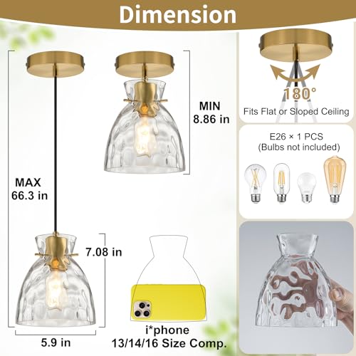 5.9" Mini Black Gold Hammered Glass Pendant Lights Kitchen Island Lighting