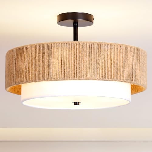 Boho Rattan semi Flush Mount Ceiling Light