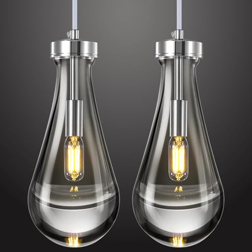Raindrop Pendant Lights Kitchen Island Set of 2 Teardrop Chrome Hanging Light Fixtures Clear Solid Glass Pendant Light Modern Chandeliers for Dining Room Porch Corridor Living Room (2 Count)
