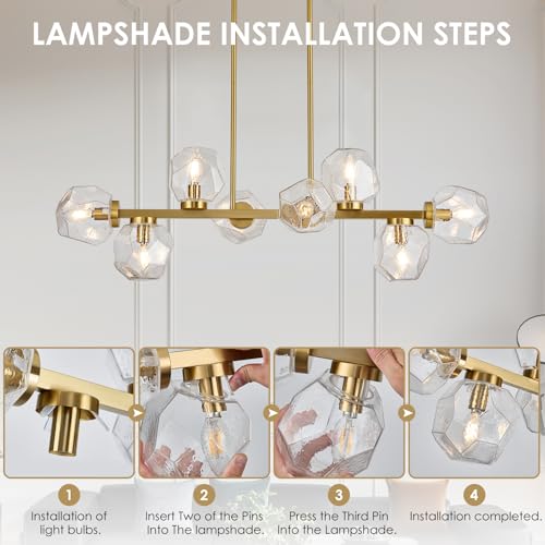 Modern Linear Chandeliers 8 Light Clear Glass Dining Room Light Fixture 39" Gold Mid Century Chandelier Pendant Light for Living Room Kitchen Island