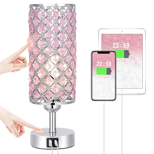 Pink Crystal Touch Lamp with USB C+A