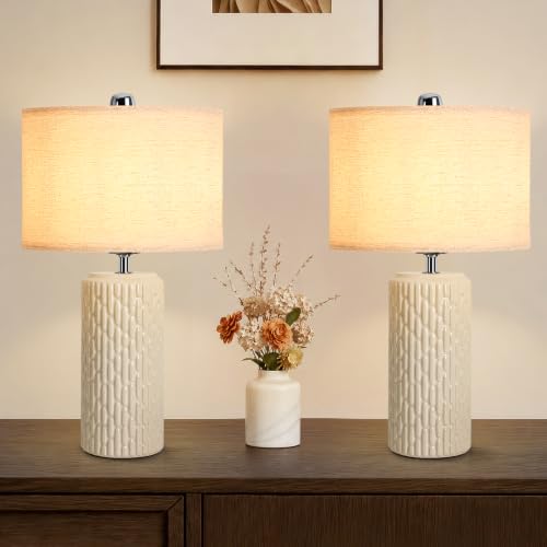 22" Modern Ceramic Table Lamps Set of 2 for Night Stands (Beige)