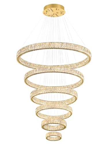 Extra Large Ring Chandelier Modern LED Gold 6 Ring Chandelier for High Ceiling Long Stair Crystal Chandeliers D8+15.7"+23.6"+31.5"+39.4"+47.5"