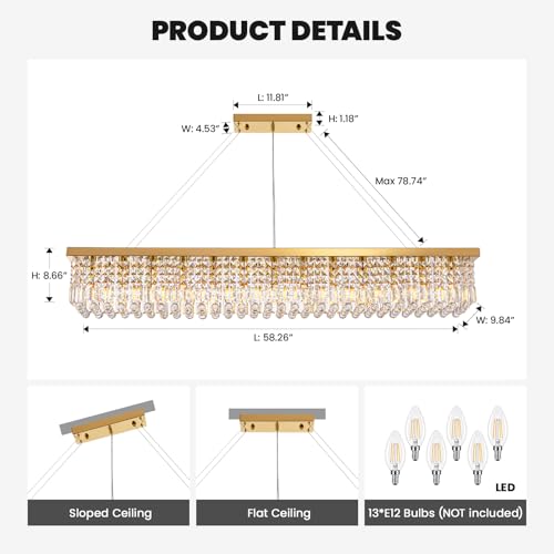 Rectangle K9 Crystal Chandelier Modern Gold Crystal Chandelier Rectangular Pendant Lighting Fixture for Dining Room Kitchen Island Bedroom L59'' x W10'' x H9''