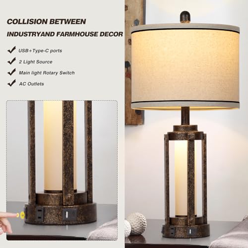 Farmhouse Industrial Lamp with USB A+C Charging Ports & AC Outlet