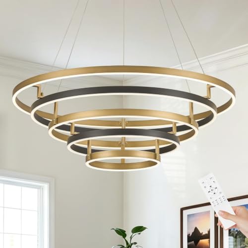 5 Rings LED Chandelier Black Gold Dimmable Circular Pendant Light for Dining Room