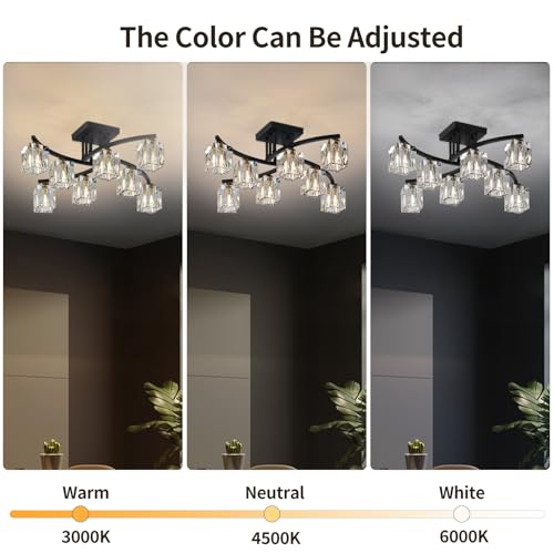 8 Light Modern Sputnik Ceiling Light Fixture Farmhouse Crystal Semi Flush Mount Ceiling Light Black and Gold Chandeliers for Dining Room Living Room Kitchen Island Bedroom Entryway
