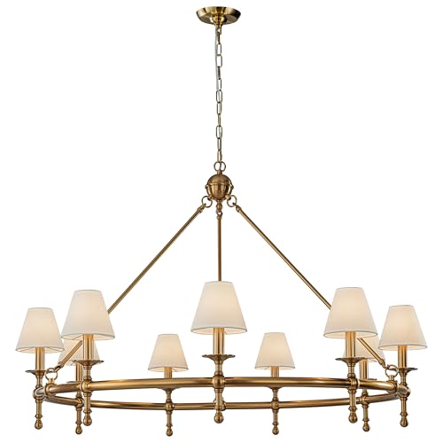 9 Lights W47 inch Vintage Brass and White Pleated Fabric Chandeliers for Dining Room Mid Century Modern Large Round Chandeliers Classic Wagon Wheel Pendant Light for Living Room