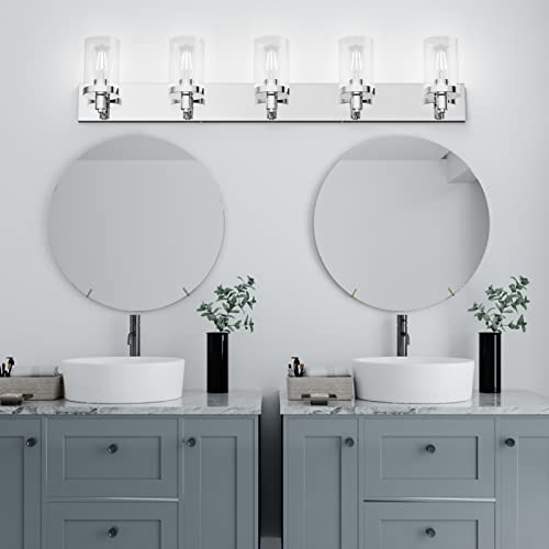 Chrome Bathroom Light Fixtures 5 Light Bathroom Vanity Light Stainless Steel with Clear Glass Shade