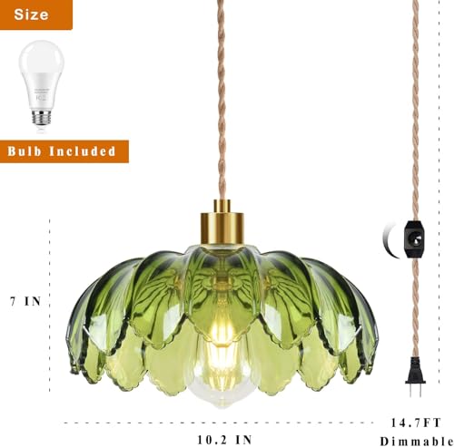 Plug in Pendant Light Hanging Lights with Plug in Cord Boho Hanging Lamp Glass Gold Mid Century Modern Vintage Dimmable Green Flower Plug in Chandelier Ceiling Fixture for Living Room