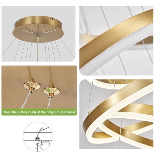 5 Rings Modern LED Chandelier Gold High Ceiling Chandelier with Remote Control Dimmable Pendant Lighting for Dining Room Foyer Living Room Entryway Staircase