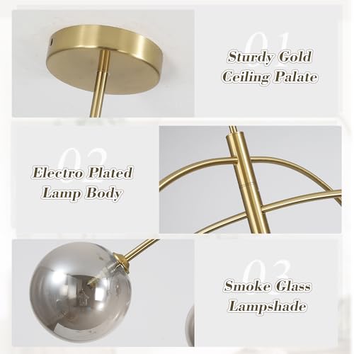 Modern Gold Chandelier 5 Light Smoke Gray Semi Flush Mount Chandelier Vintage Industrial Ceiling Light Dining Room Chandelier for Kitchen Bedroom Hallway