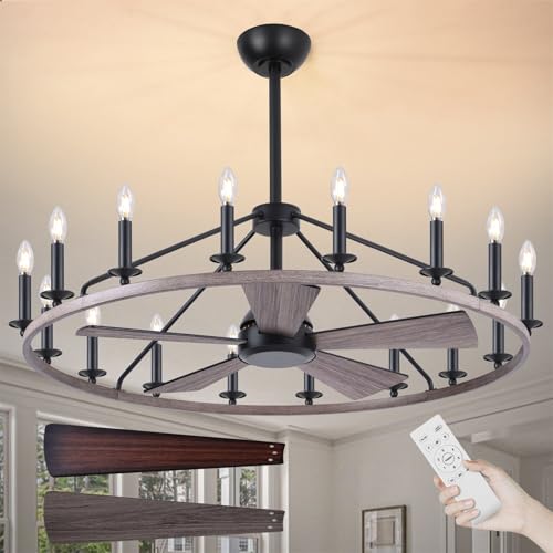 44" Wagon Wheel Chandelier with Fans