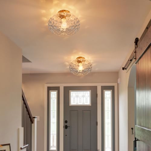 Brass Gold Semi Flush Mount Ceiling Fixture 11" Clear Hammered Glass Shade Modern Close to Ceiling Lighting 1