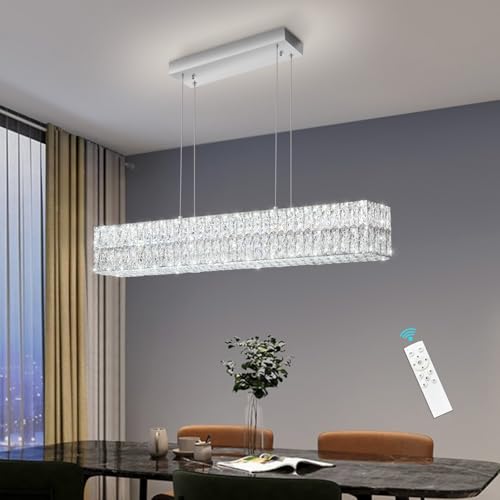 40 Inch Glam Crystal Chandelier Modern Dimmable Crystal Chandeliers LED Rectangular Ceiling Light Fixtures for Dining Room Living Room Silver