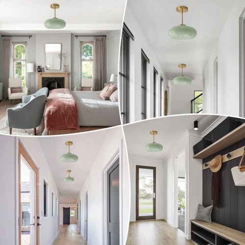 Milk Ceiling Light mid Century Modern Ceiling Light fixtures with Milk Green Glass Shade Gold Semi Flush Mount Ceiling Light