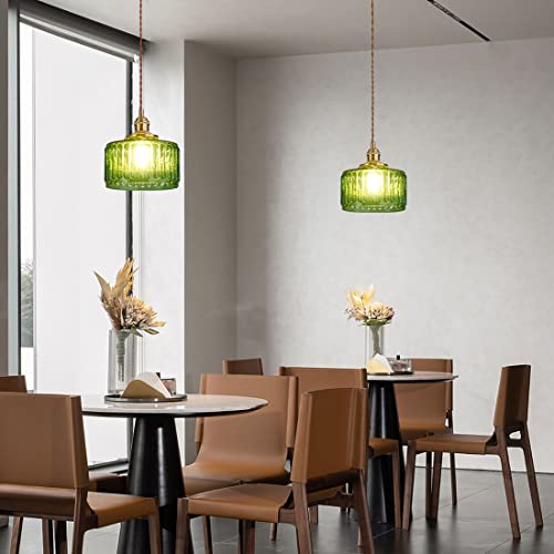 Single Glass Pendant Light Green Striped Glass Shade Brushed Brass Gold Pendant Lights Fixture Farmhouse 1
