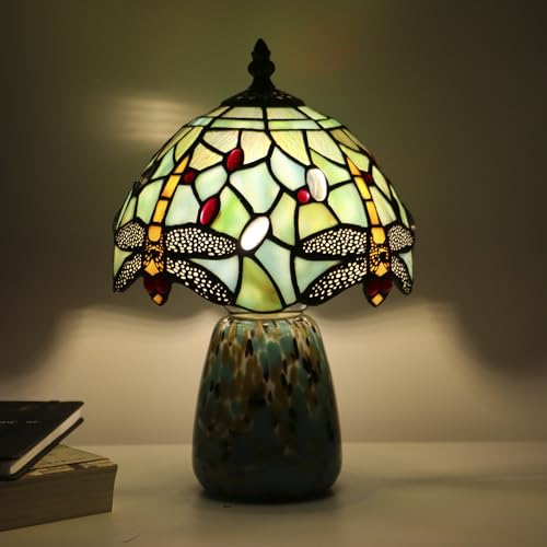 Tiffany Mushroom Table Lamp Dragonfly Style Blue Stained Glass Accent Lamp Brown Blue Glass Base 8X8X12 Inch
